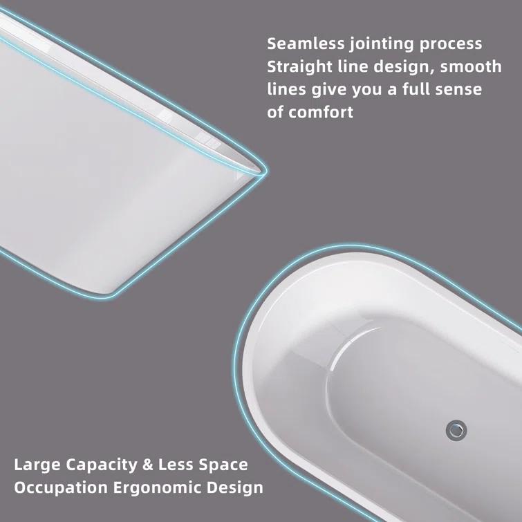 55" Freestanding Soaking Acrylic Bathtub Contemporary Stand Alone Tub with Pop-Up Drain