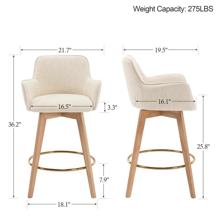 Lovetro Swivel Full Back Arms Upholstered 25.8"H Counter Stool with Solid Rubberwood Frame and Gold Footrest