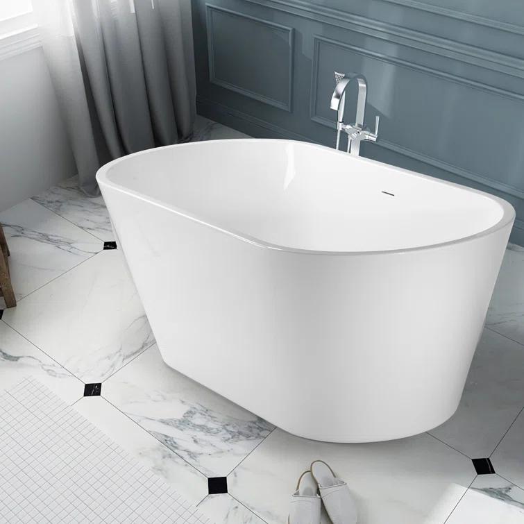 55" Freestanding Soaking Acrylic Bathtub Contemporary Stand Alone Tub with Pop-Up Drain
