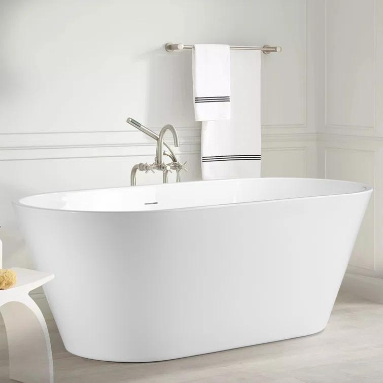 55" Freestanding Soaking Acrylic Bathtub Contemporary Stand Alone Tub with Pop-Up Drain