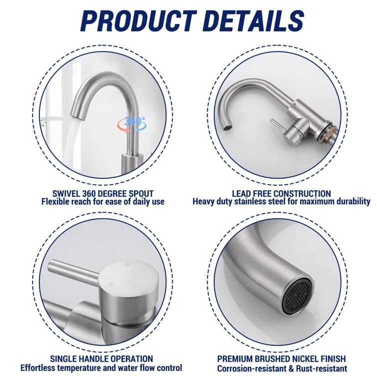 AVITAS TS14D05 Single Handle Stainless Steel Bar Kitchen Faucet With Swivel Spout And Deckplate