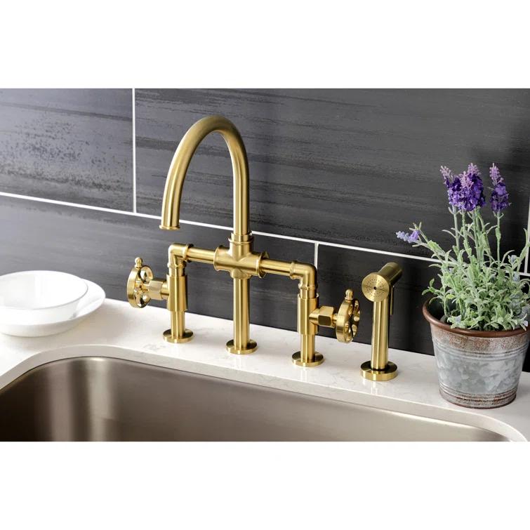 Kingston Brass Kingston Brass Two-Handle 4-Hole Deck Mount Industrial Style Bridge Kitchen Faucet with Brass Side Sprayer KS2333RX