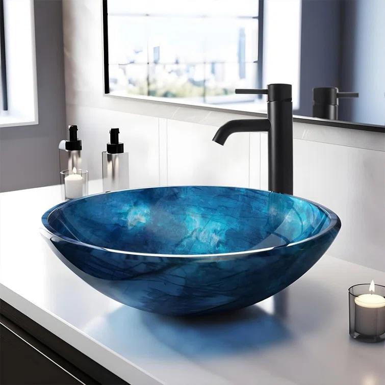 Vessel Sink 16.5" Bathroom Sinks Tempered Glass Blue Art Basin Round Bowl with Faucet Combo Blue