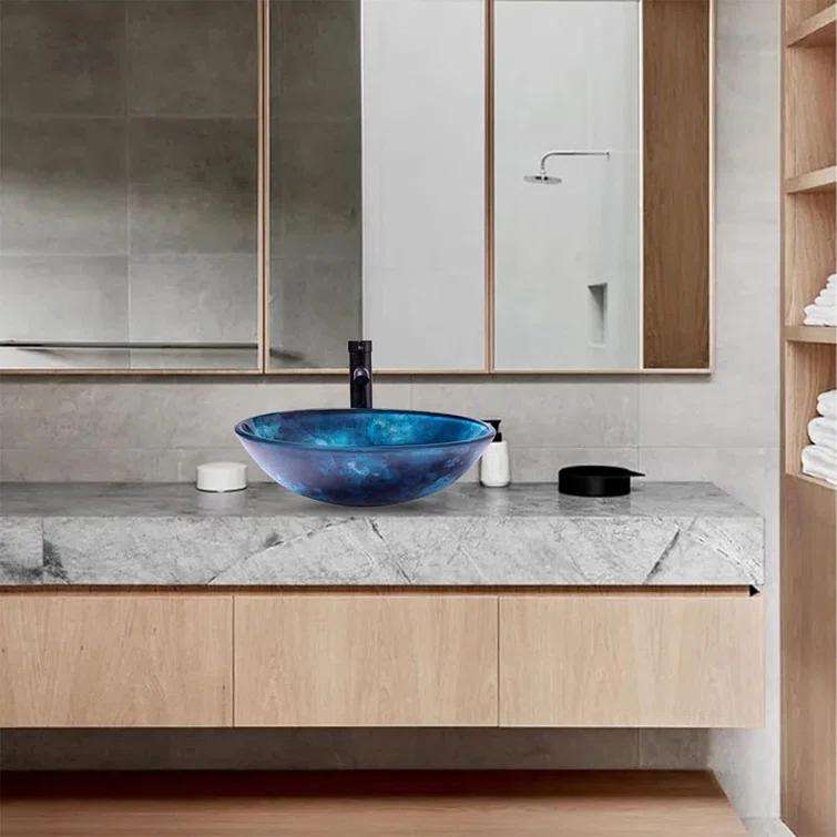 Vessel Sink 16.5" Bathroom Sinks Tempered Glass Blue Art Basin Round Bowl with Faucet Combo Blue
