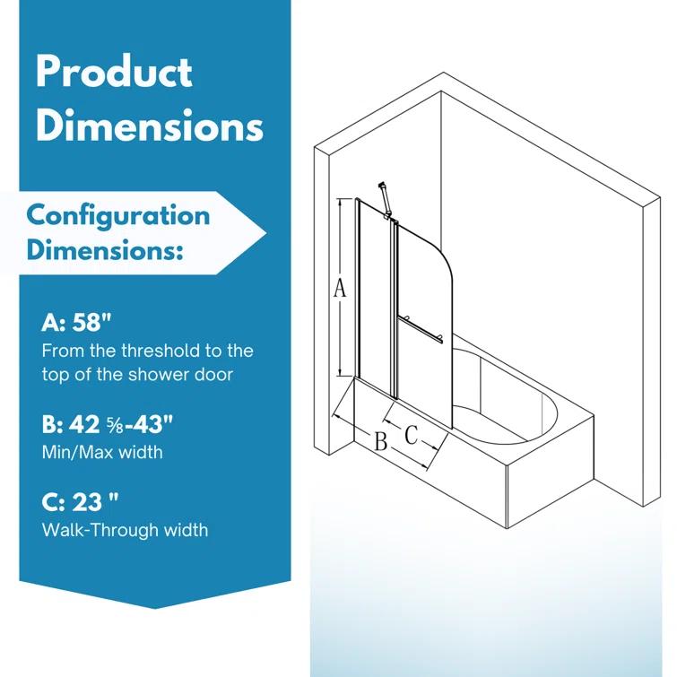 43 In. W * 58 In. H Frameless Folding Shower Doors For Bathtub, 1/4" (6Mm) Thick SGCC Tempered Glass Door, Bathroom Pivot Tub Glass Door