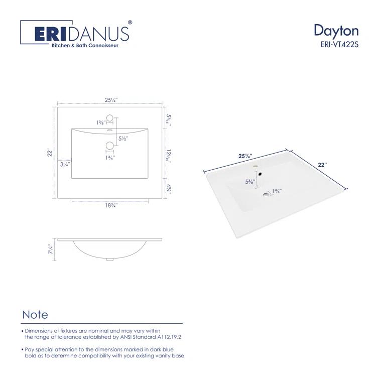 Eridanus Dayton 25" W x 22" D Vitreous China Vanity Top Sink in White with Single Faucet Hole (Sink Only)