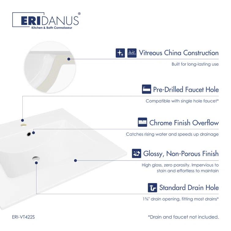 Eridanus Dayton 25" W x 22" D Vitreous China Vanity Top Sink in White with Single Faucet Hole (Sink Only)