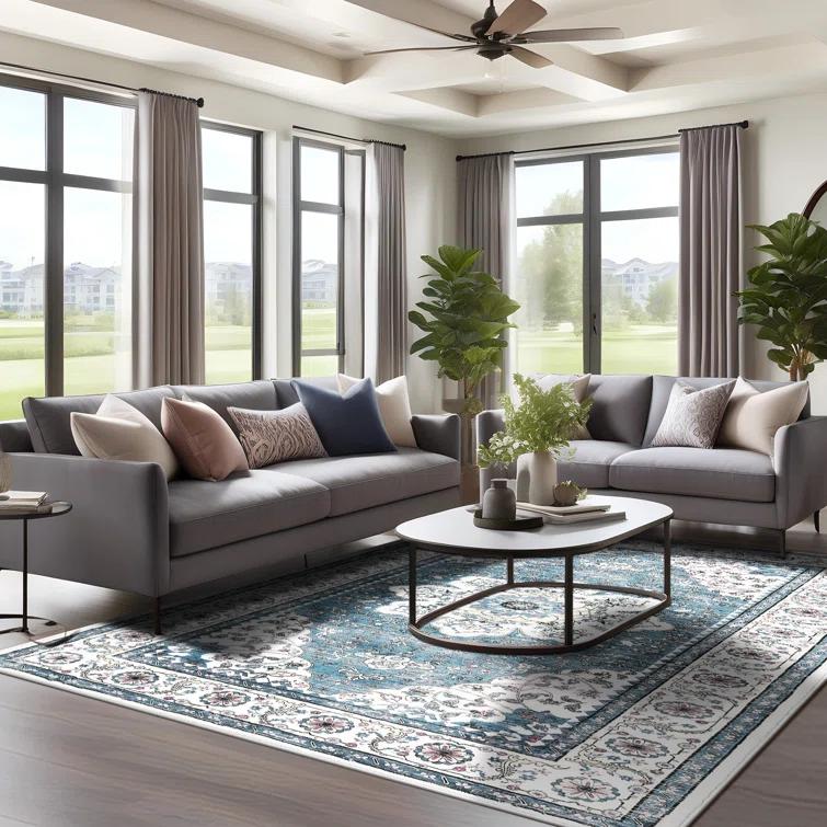 Polyester Machine Washable Blue Oriental Area Rug