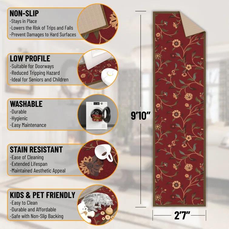 Ottohome Non-Slip Floral Leaves Area Rug For Living Room, Hallway, Entryway Rug, Dark Red