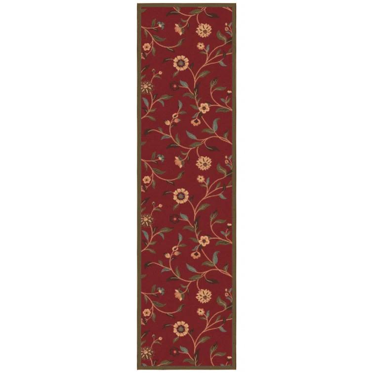 Ottohome Non-Slip Floral Leaves Area Rug For Living Room, Hallway, Entryway Rug, Dark Red