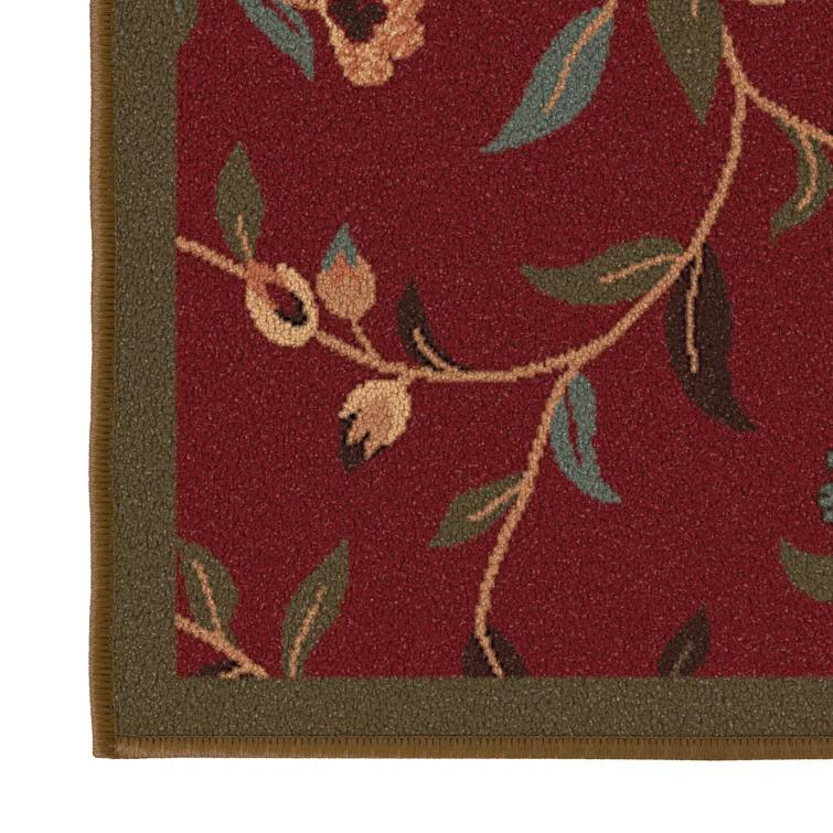 Ottohome Non-Slip Floral Leaves Area Rug For Living Room, Hallway, Entryway Rug, Dark Red