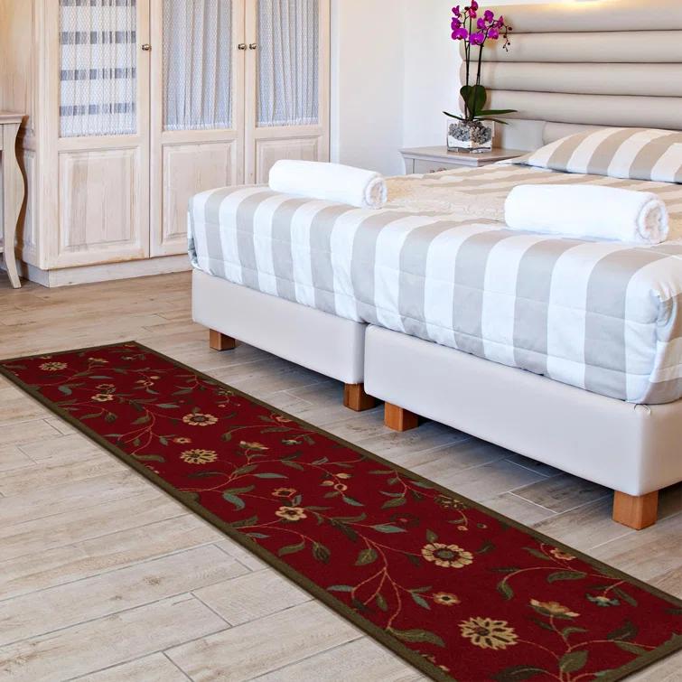 Ottohome Non-Slip Floral Leaves Area Rug For Living Room, Hallway, Entryway Rug, Dark Red