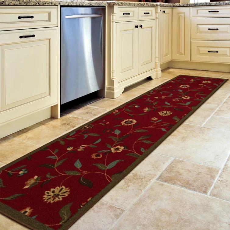 Ottohome Non-Slip Floral Leaves Area Rug For Living Room, Hallway, Entryway Rug, Dark Red
