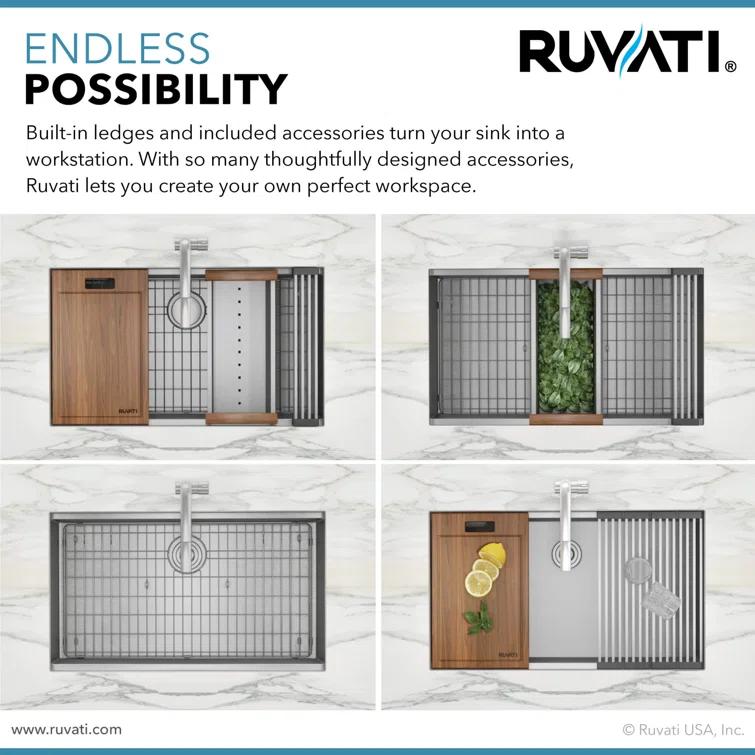 Ruvati Workstation Rounded Corners Undermount Ledge Kitchen Sink with Accessories