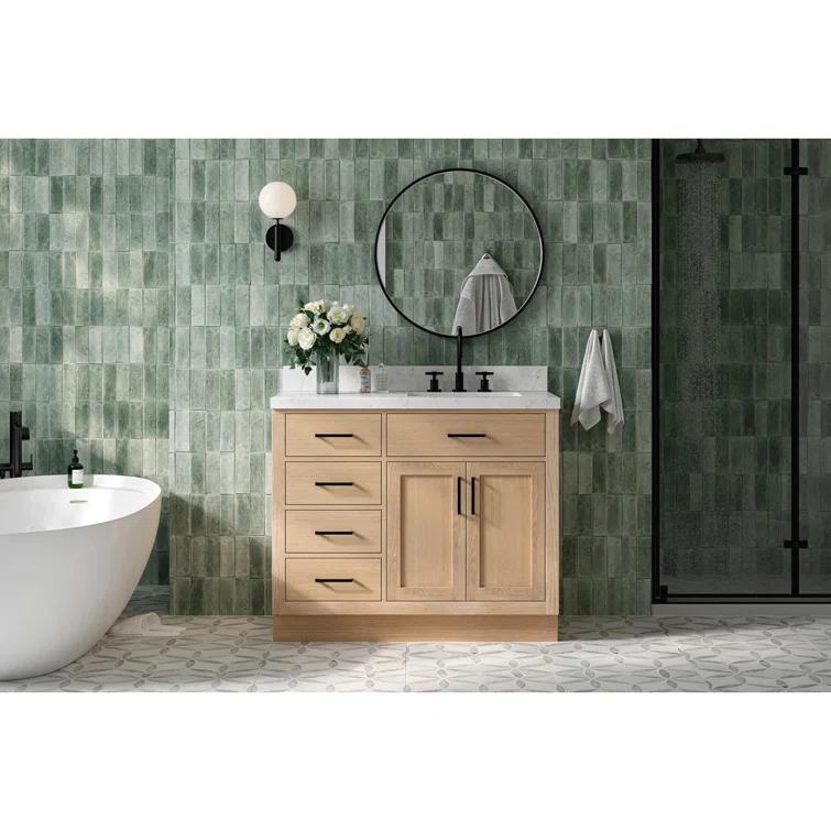Wildon Home® Tidworth 42'' Solid Wood Single Bathroom Vanity with 1.5'' Carrara Quartz Top, Right Offset Rectangular Sink