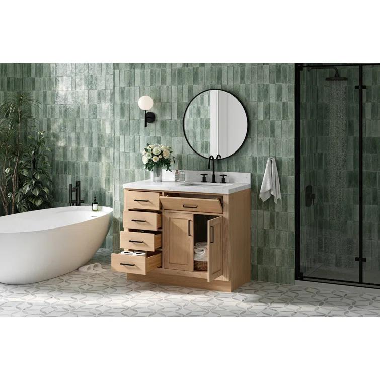 Wildon Home® Tidworth 42'' Solid Wood Single Bathroom Vanity with 1.5'' Carrara Quartz Top, Right Offset Rectangular Sink