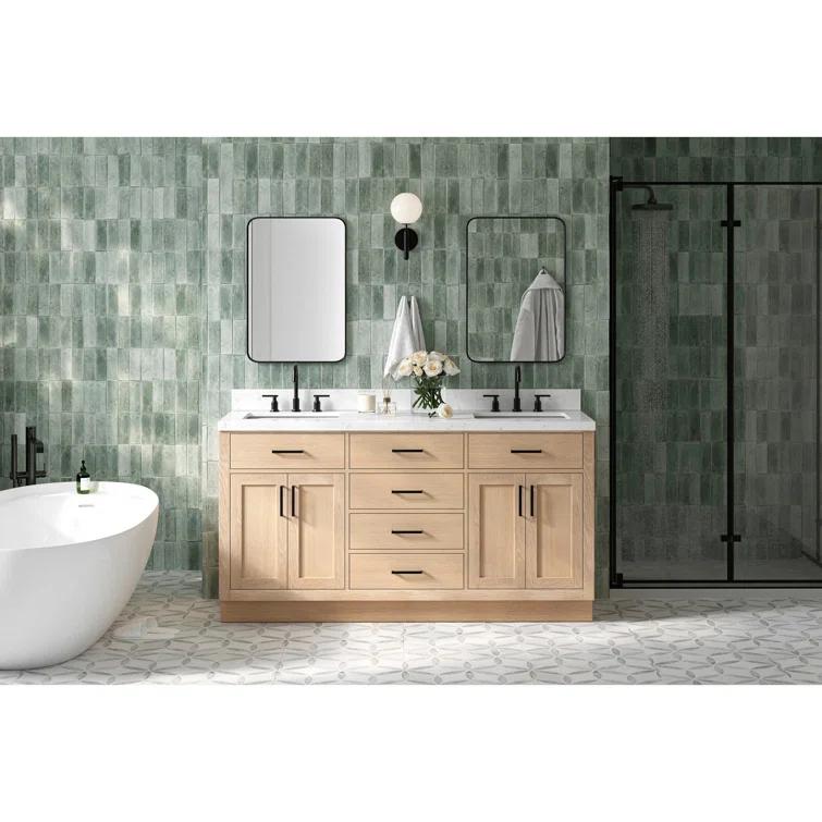 Tidworth 66'' Solid Wood Double Bathroom Vanity with 1.5'' Carrara Quartz Top, Rectangular Sinks