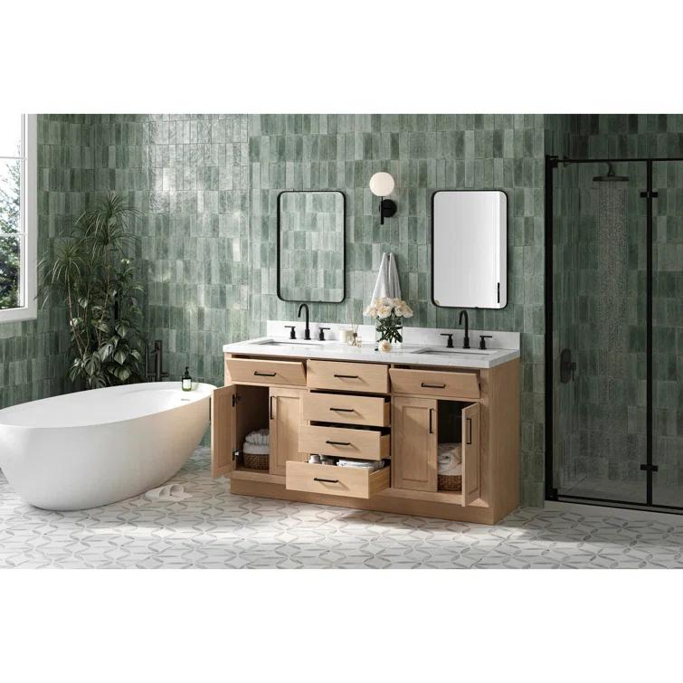 Tidworth 66'' Solid Wood Double Bathroom Vanity with 1.5'' Carrara Quartz Top, Rectangular Sinks