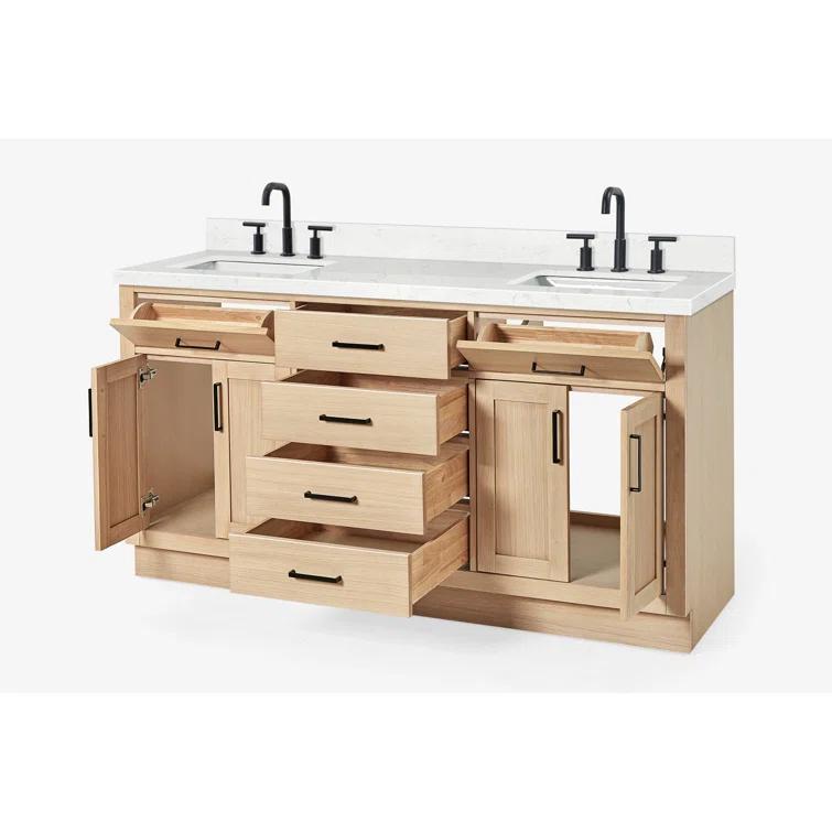 Tidworth 66'' Solid Wood Double Bathroom Vanity with 1.5'' Carrara Quartz Top, Rectangular Sinks