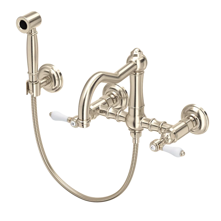 Acqui Wall Mount Bridge Kitchen Faucet With Sidespray And Column Spout