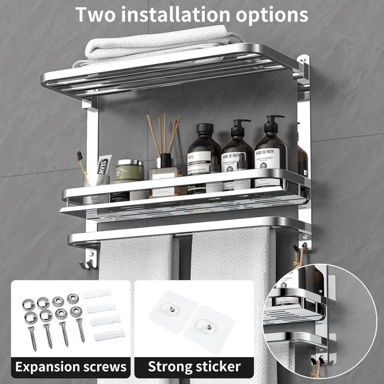 22.8Inch Towel Rack For Bathroom And Lavatory Towel Hanger With Wall Mount Towel Bars 304 Stainless Steel No Drill (Collapsible Towel Rack With Bathroom Organize Shower Shelves)