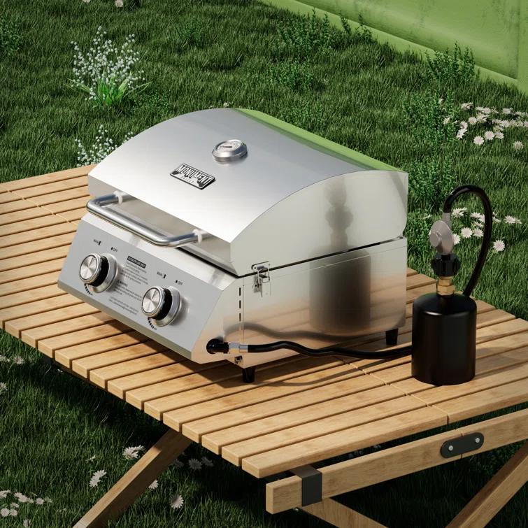 Monument Grills 13742,2-Burner Portable Stainless Steel Tabletop Propane Gas Grill with High Lid and Travel Locks, 15,000 BTU – Perfect for Family BBQs
