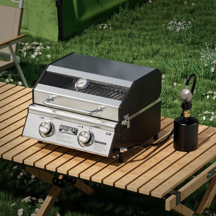 Monument Grills 13742,2-Burner Portable Stainless Steel Tabletop Propane Gas Grill with High Lid and Travel Locks, 15,000 BTU – Perfect for Family BBQs