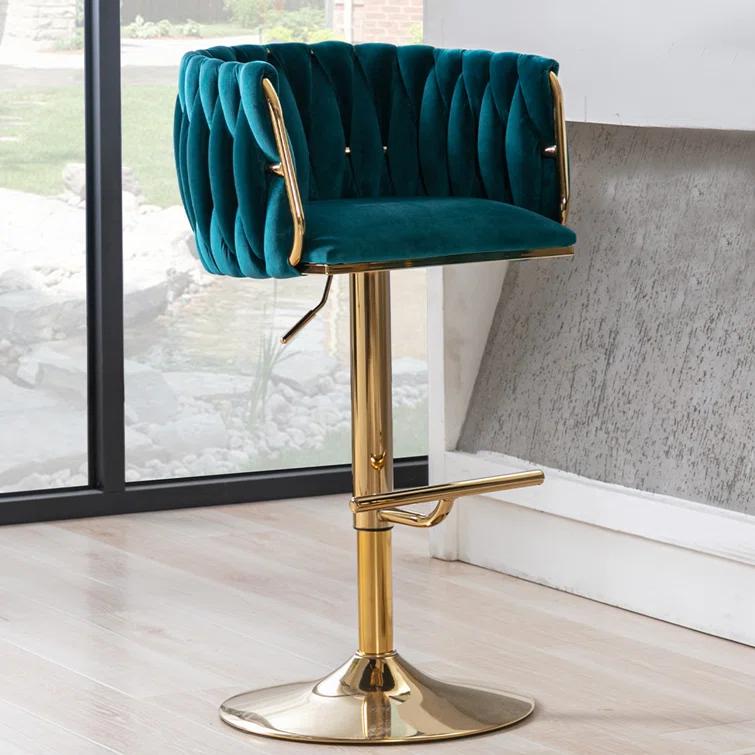 Everly Quinn Swivel Adjustable Height Bar Stool Modern Velvet Barstool with Barrel Back Kitchen Island Counter Bar Chair with Golden Base