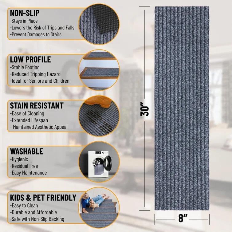 Ottomanson Non-Slip Rubberback Ribbed Design Indoor/Outdoor Stair Treads (Set of 7)