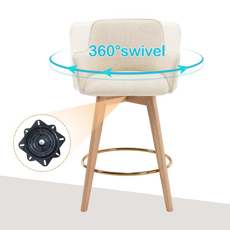 Lovetro Swivel Full Back Arms Upholstered 25.8"H Counter Stool with Solid Rubberwood Frame and Gold Footrest