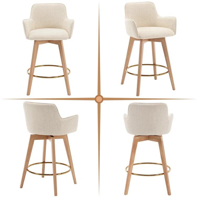 Lovetro Swivel Full Back Arms Upholstered 25.8"H Counter Stool with Solid Rubberwood Frame and Gold Footrest