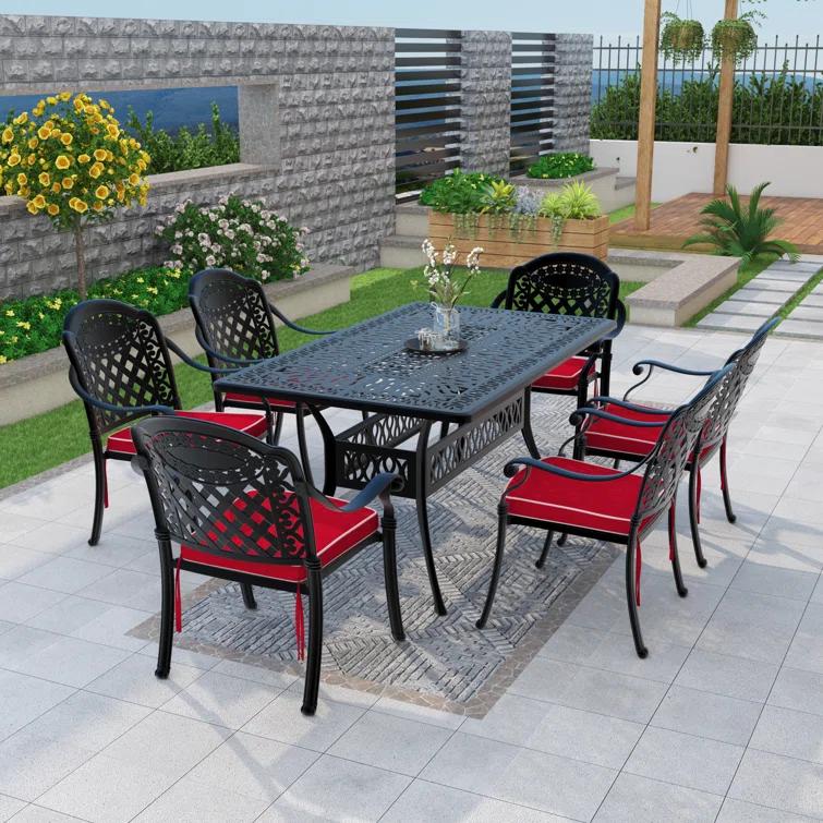MIRROR FLY 58.27"L 34.65"W Rectangular Table Cast Aluminum Outdoor Dining Set with Umbrella Hole and Red Cushions