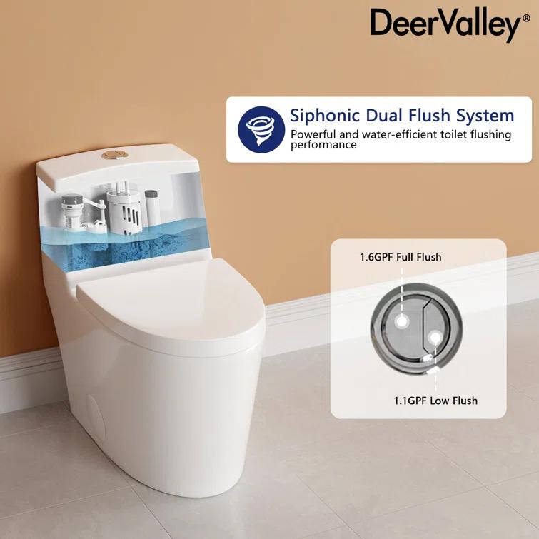 DeerValley Prism Dual-Flush Elongated One-Piece Toilet with Glazed Surface Lower Water Tank for Space Saving (Seat Included)