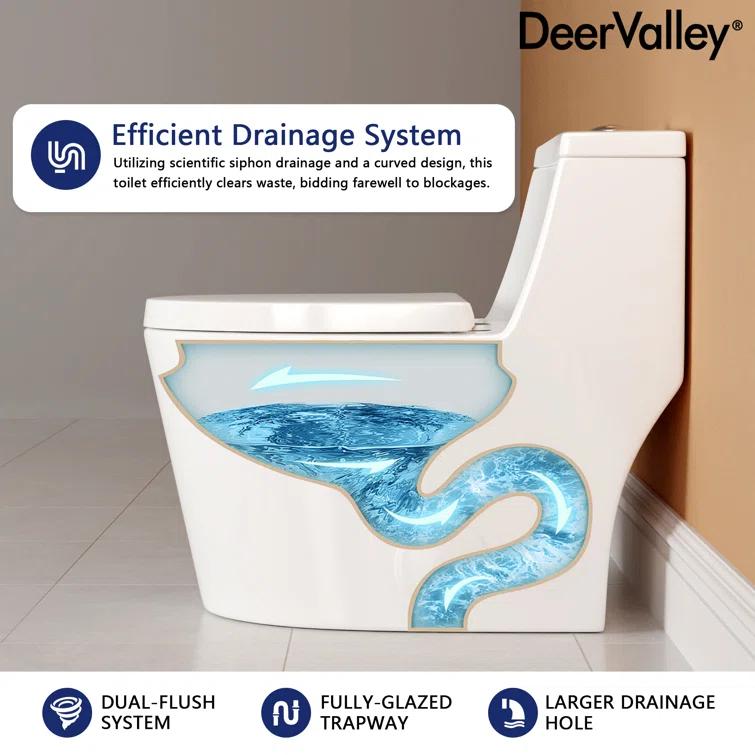 DeerValley Prism Dual-Flush Elongated One-Piece Toilet with Glazed Surface Lower Water Tank for Space Saving (Seat Included)