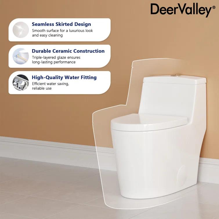 DeerValley Prism Dual-Flush Elongated One-Piece Toilet with Glazed Surface Lower Water Tank for Space Saving (Seat Included)