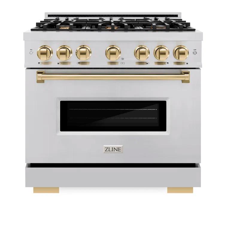 ZLINE CGRZ-36-G ZLINE Autograph Edition 36 in. 5.2 cu. ft. Classic Gas Range W/ 6 Burner Cooktop & Convection Gas Oven in Stainless Steel & Champagne Bronze Accents (CGRZ-36-CB)