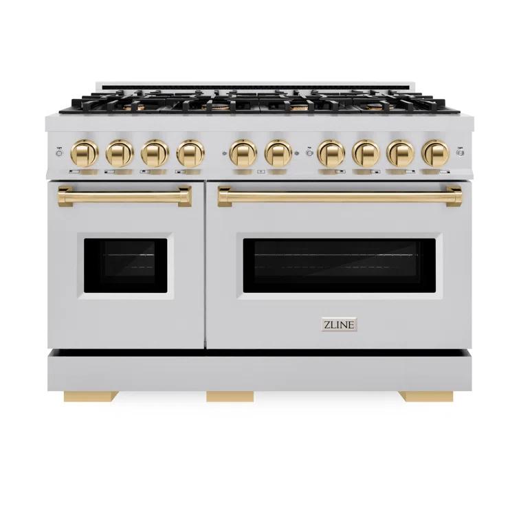 ZLINE ZLINE Autograph Edition 48 in. 6.7 cu. ft. Classic Double Oven Gas Range W/ 8 Burner Cooktop in Stainless Steel & Matte Black Accents (CGRZ-48-MB) CGRZ-48-G