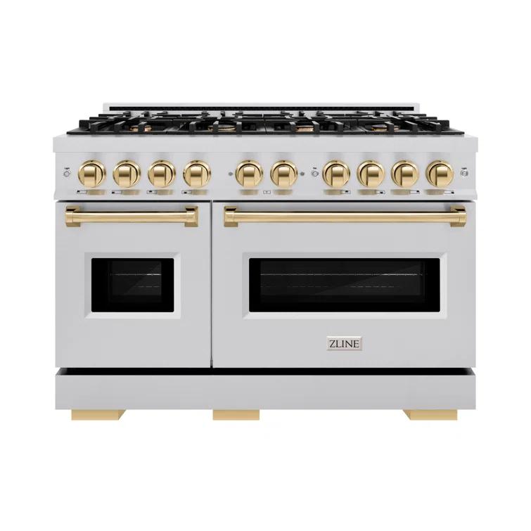 ZLINE ZLINE Autograph Edition 48 in. 6.7 cu. ft. Classic Double Oven Gas Range W/ 8 Burner Cooktop in Stainless Steel & Matte Black Accents (CGRZ-48-MB) CGRZ-48-G