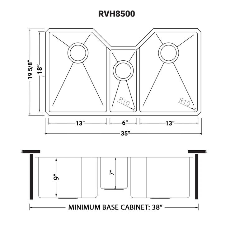 Ruvati 35" Triple Bowl Undermount 16 Gauge Stainless Steel Kitchen Sink