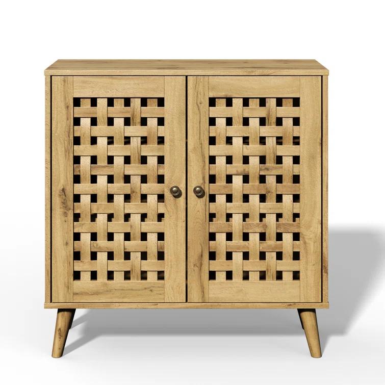 Vintage Storage Cabinet With 2 Basket Weave Wooden Doors