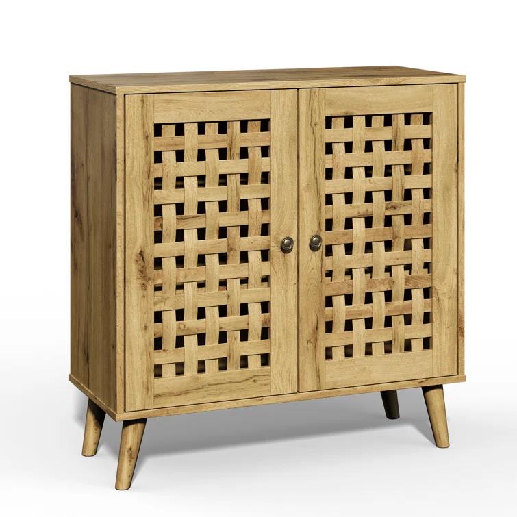 Vintage Storage Cabinet With 2 Basket Weave Wooden Doors