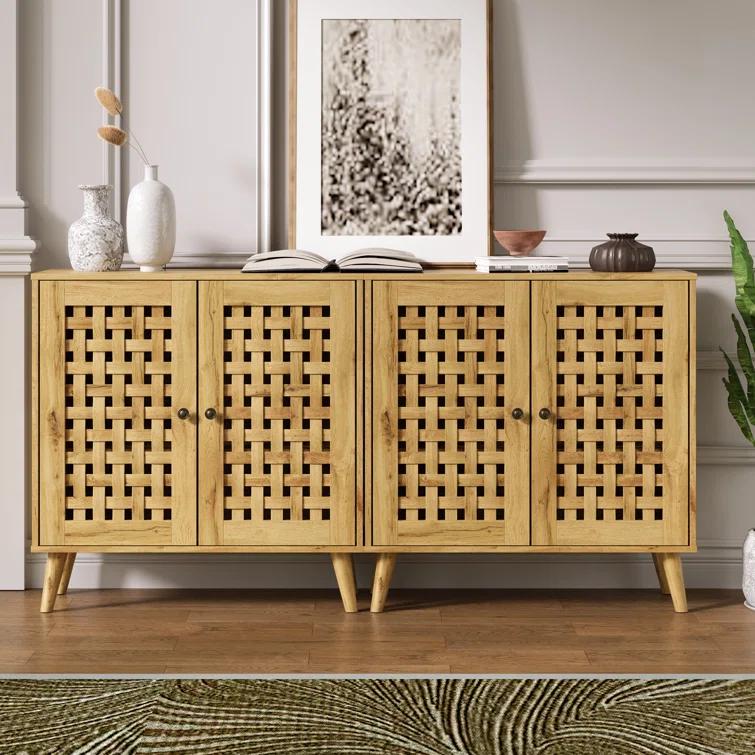 Vintage Storage Cabinet With 2 Basket Weave Wooden Doors