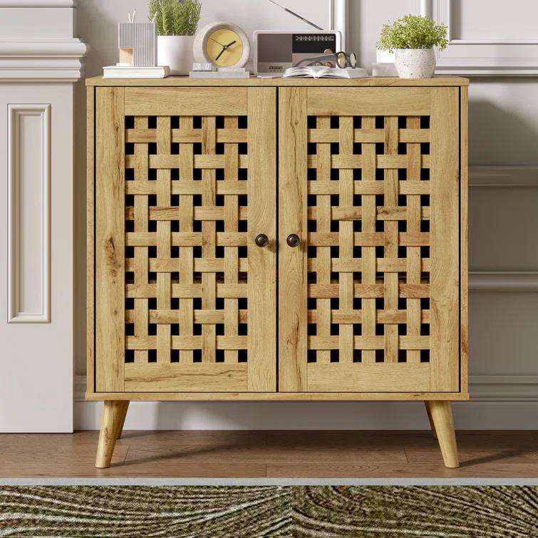 Vintage Storage Cabinet With 2 Basket Weave Wooden Doors