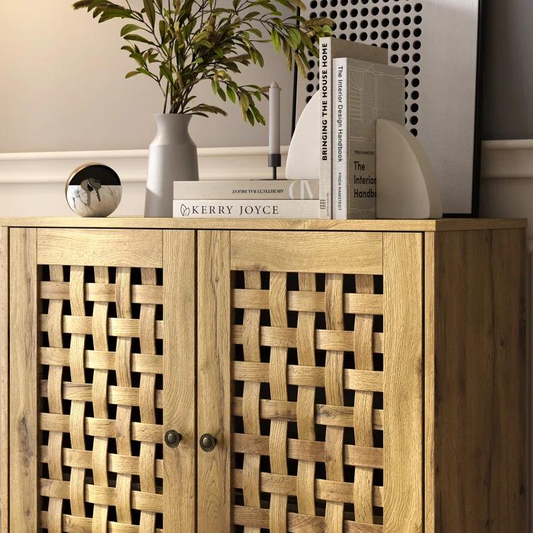 Vintage Storage Cabinet With 2 Basket Weave Wooden Doors