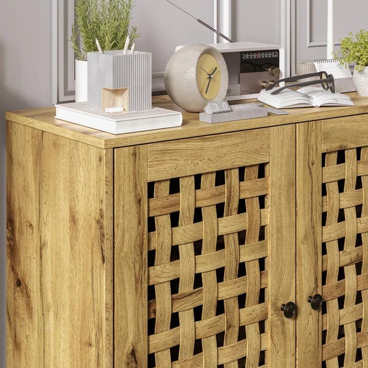 Vintage Storage Cabinet With 2 Basket Weave Wooden Doors