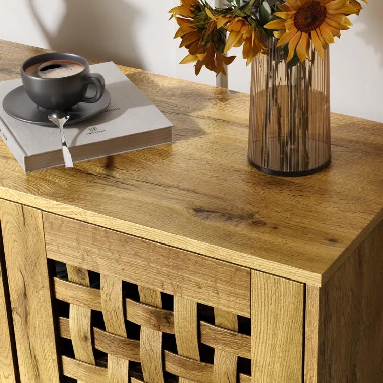 Vintage Storage Cabinet With 2 Basket Weave Wooden Doors