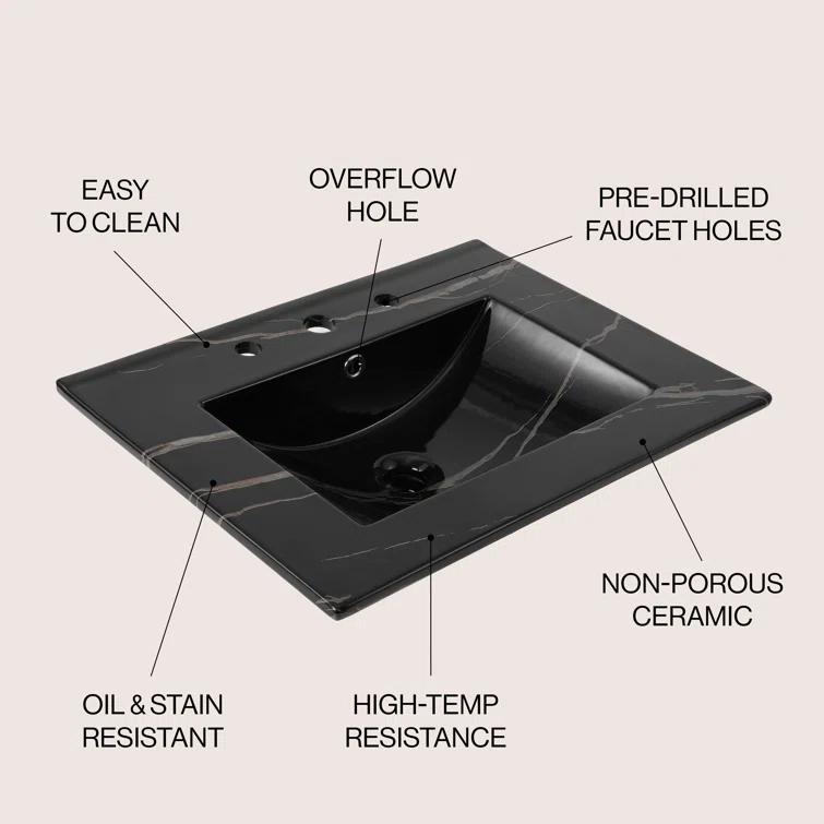 Ancillary 3-Hole 24" Classic Contemporary Rectangular Ceramic Single Sink Basin Vanity Top