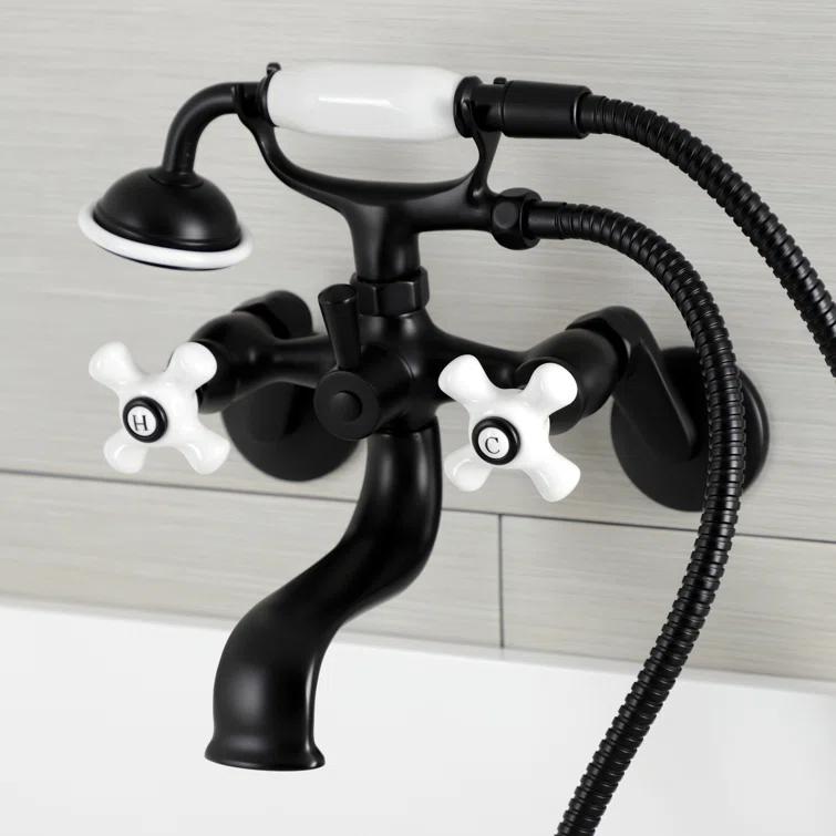 Kingston Brass Kingston Three-Handle 2-Hole Wall Mount Clawfoot Tub Faucet with Hand Shower