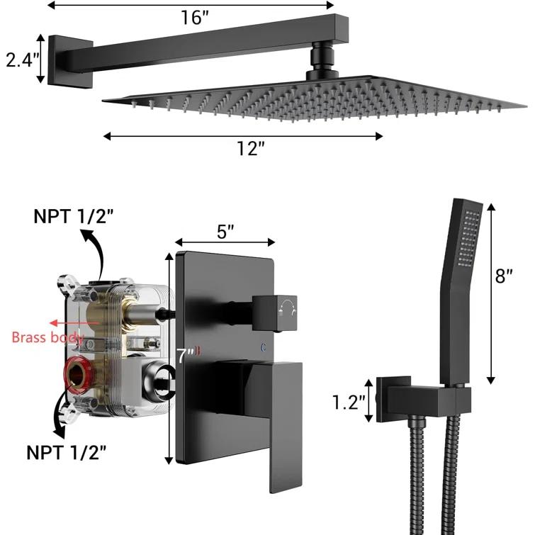 Bathroom Shower Faucet Set, 12 Inch Rainfall Shower Head With Handheld Combo, Wall Mounted Shower System Shower Fixtures With Pressure-Balanced Valve,