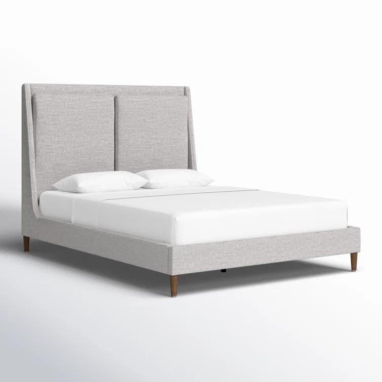 Gray Upholstered Queen Bed with Tapered Headboard and Wood Legs